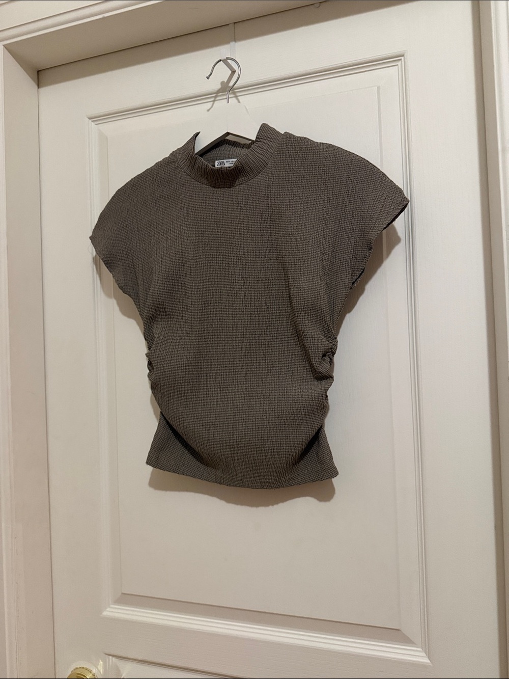 Zara Taupe Ribbed Mock Neck Short Sleeve Tee